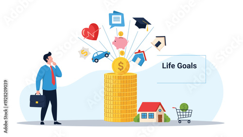 Pensive businessman considering his life goals like a house, car, and family, representing financial planning and future aspirations.