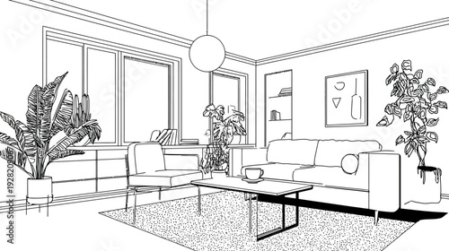Modern living room interior line art illustration. Contemporary home design with sofa, armchair, plants, and stylish furniture outline sketch.