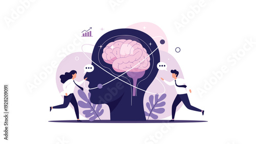 Two professionals interacting with a giant brain illustration, symbolizing psychology, cognitive science, and collaborative thinking.