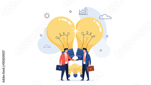 two businessmen shaking hands in front of giant lightbulbs symbolizes successful collaboration and the merging of creative ideas.