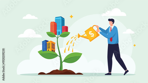 businessman watering a growing plant with buildings on its leaves illustrates real estate investment and urban development growth.