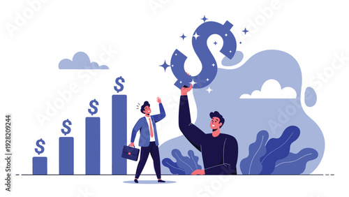 successful businessman reaching for a large dollar sign held by a giant hand illustrates wealth accumulation and financial gains.