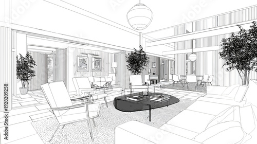 Digital Wireframe Rendering of a Modern Luxurious Open Plan Living Room Interior Design Concept Layout Sketch