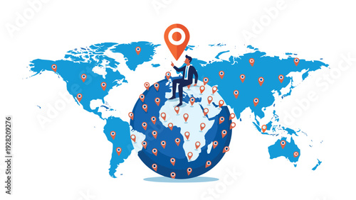 professional businessman sitting on top of the world globe with many location pins represents global expansion and presence.