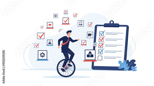 focused businessman riding a unicycle next to a giant checklist represents high efficiency and professional task management.