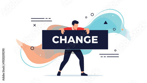 determined man carrying a heavy black sign with the word change illustrates the challenges of corporate transition and growth.