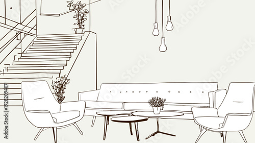 Modern minimalist interior lounge line art illustration with sofa, armchairs, and stairs. Contemporary design drawing.