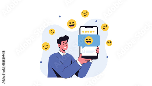 smiling man holding a smartphone with a five star rating and floating emojis represents excellent customer feedback and reputation.