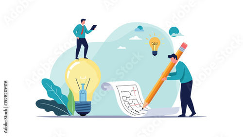 creative team developing a strategic plan using a giant lightbulb and pencil represents collaborative innovation and design.