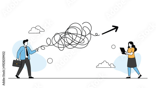 businessman and businesswoman straightening a tangled line into a progress arrow represents simplification and problem solving.