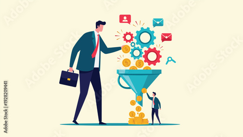 giant businessman putting coins into a funnel that generates new employees represents effective lead generation and recruitment.
