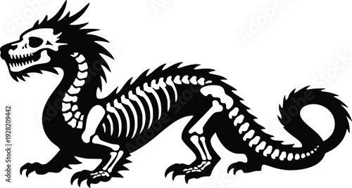 Chinese Dragon Skeleton Silhouette Black and White Vector Illustration