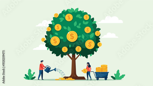 hard working couple watering and harvesting coins from a money tree represents wealth accumulation and passive income growth.