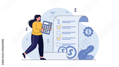 professional woman using a calculator next to a giant financial checklist illustrates effective budgeting and tax preparation.