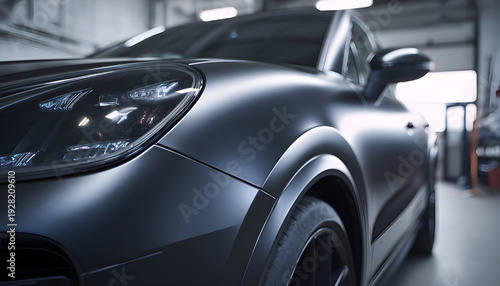 Closeup medium shot of a matte paint finish booth showcasing a sleek vehicle with textured paint emphasizing the subtle detail with the rest