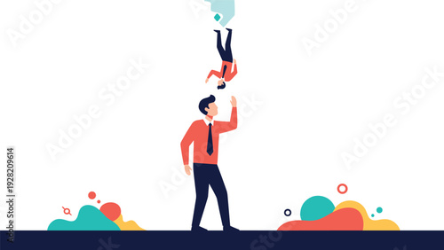 man looking up at another professional falling from above represents business failure, risk assessment, and rescue missions.