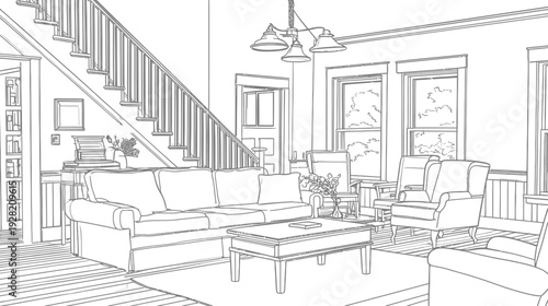 Detailed line art illustration of a cozy modern living room interior with sofa, armchairs, coffee table, and staircase in a home
