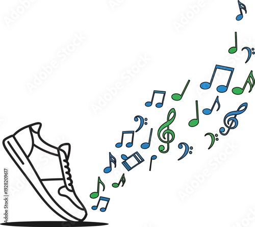Shoe leaving musical notes trail instead footprints simple modern vector illustration on white background