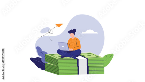 successful woman sitting on a large stack of money using a laptop represents financial independence and digital nomad life.
