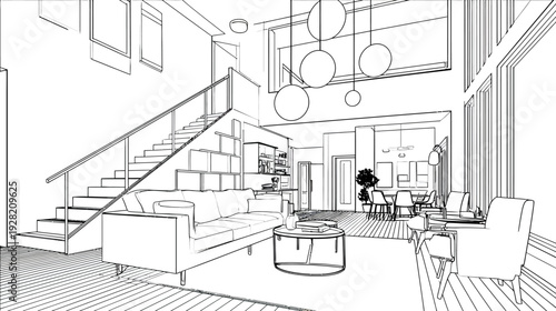 Architectural line drawing of a modern luxury living room interior design concept with a stylish staircase, high ceilings, and dining area.