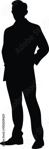 Silhouette of a man in a suit hands on hips facing forward