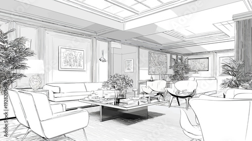 Elegant luxury living room interior concept sketch with modern furniture, lush plants, and a bright, spacious design, architectural rendering.
