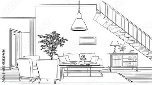 Modern living room interior line art illustration. Contemporary home design sketch with sofa, armchairs, coffee table, plant, and staircase.