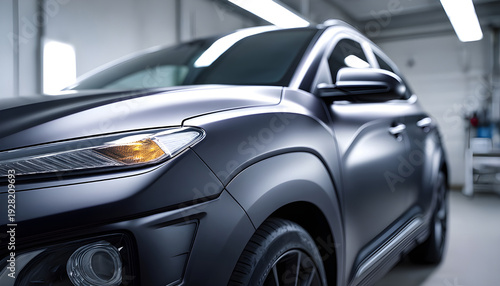 Closeup medium shot of a matte paint finish booth showcasing a sleek vehicle with textured paint emphasizing the subtle detail with the rest