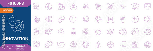 Innovation Icon Set. Containing creativity, invention, prototype, Design Thinking, Brainstorm, visionary, revolution, imagination, concept, idea, experiment, research and etc. Editable stroke.