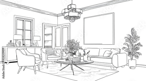 Modern living room interior line art illustration, elegant home decor sketch, contemporary furniture design outline drawing.