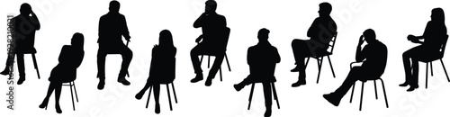 Business people sitting on chairs silhouettes set isolated on white background collection
