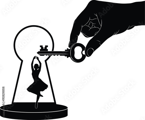 Key unlocking stage revealing dancer silhouette symbolic minimal vector illustration on white background