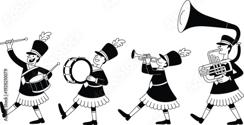 Cartoon marching band musicians playing instruments in parade procession illustration isolated