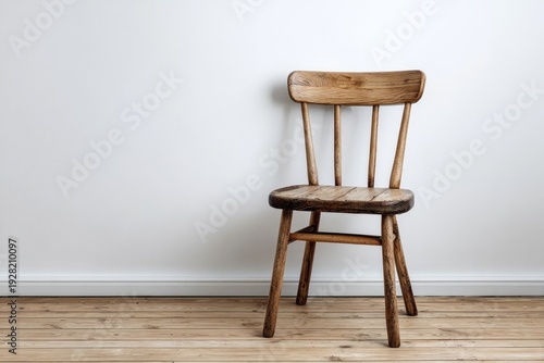 Rustic wooden farmhouse style chair rests against a bright white interior wall