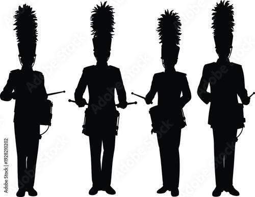 Marching band drummers silhouettes in uniform with tall hats performing parade music