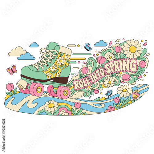Retro Roller Skate with Blooming Flower Dust Trail and Spring Vibes