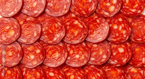 Closeup View of Sliced Cured Meat Salami Chorizo Pepperoni.