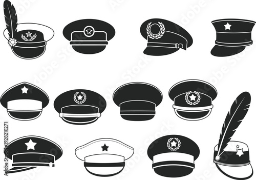 Military and police uniform caps collection silhouettes set isolated on white background