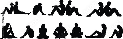 People sitting on floor silhouettes in various poses isolated on white background set