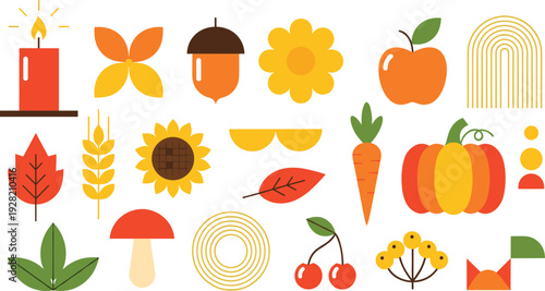 Set of flat autumn harvest vector icons featuring minimalist pumpkin acorn sunflower apple carrot mushroom and fall leaves in warm seasonal colors