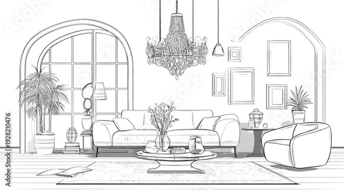 Elegant Luxury Living Room Interior Design Concept Line Art Illustration with Modern Furniture and Chandelier