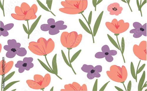 Cute tulip and wildflower seamless vector pattern, spring floral background, pastel botanical illustration for textile design