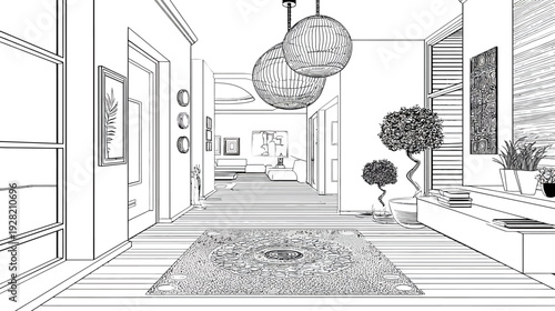 Architectural sketch of modern home interior, a contemporary design blueprint for a stylish spacious hallway with decor.