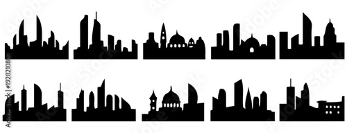 Set of Black City Skyline Silhouettes Vector Icons