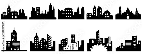 Set of City Skyline Silhouettes Vector Icons
