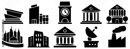 Set of Black City and Government Building Icons