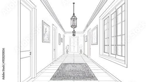 Architectural perspective drawing of an elegant empty long hallway interior. Hand-drawn sketch with classic details, chandeliers, windows, and doors.