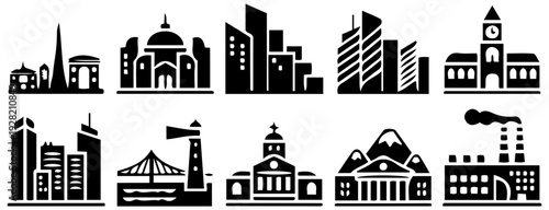 Cityscape and Landmark Icons Silhouette Set