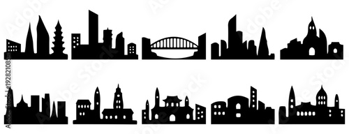 Set of City Skylines Silhouettes Vector Icons