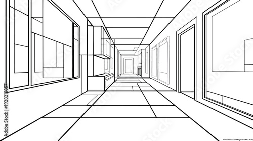 Detailed architectural line drawing of a modern empty interior corridor. Geometric wireframe perspective sketch for building design.
